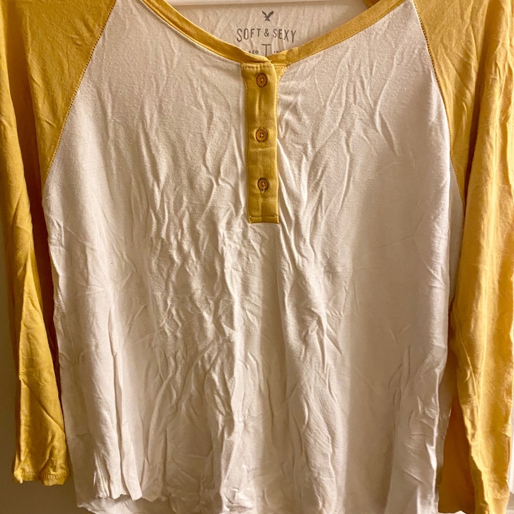 American Eagle White & Yellow Henley Top